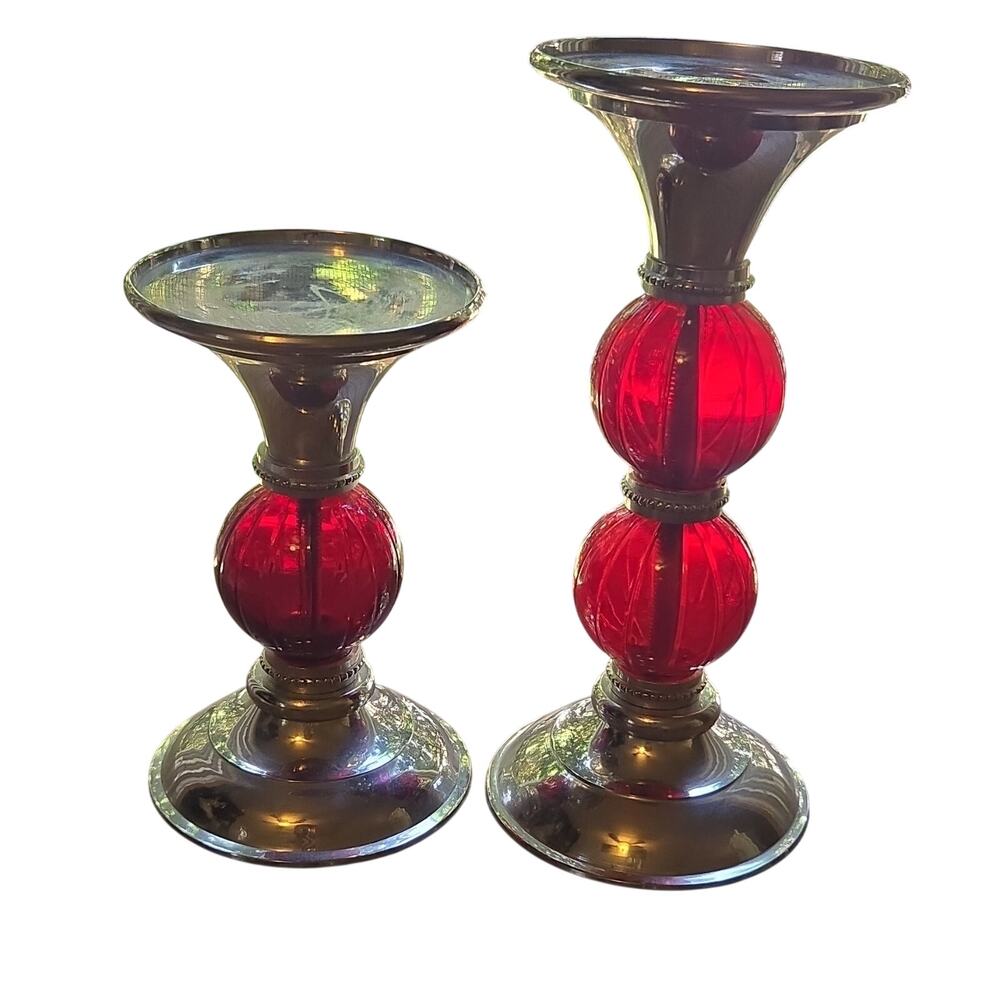 Set of 2 Vintage Martha Stewart Red Glass & Silver Metal Taper Candle Holders